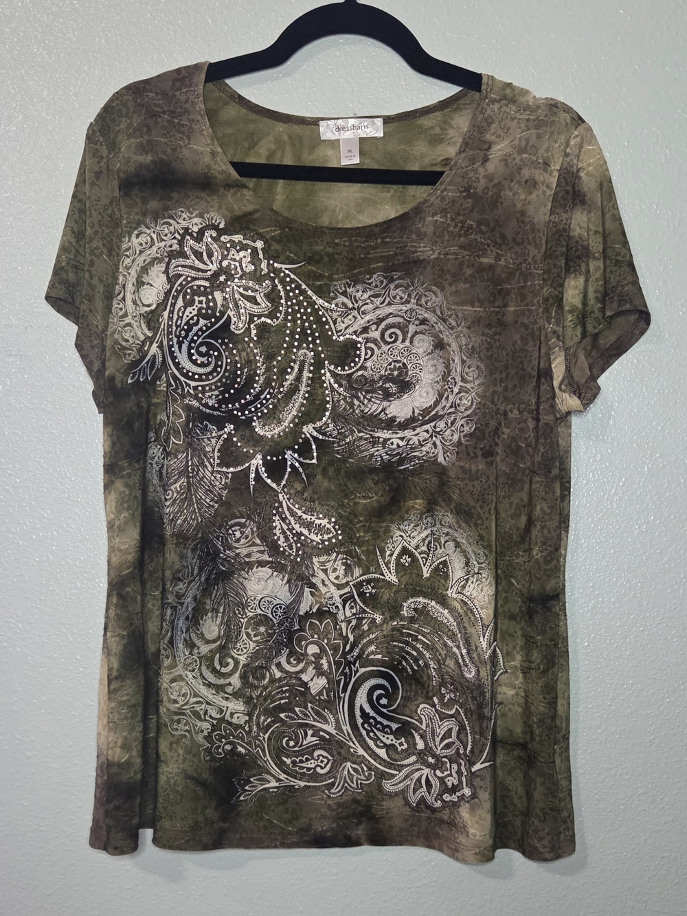 Dress Barn Olive Green/Coco Paisley Short Sleeve Tee with Rhinestones